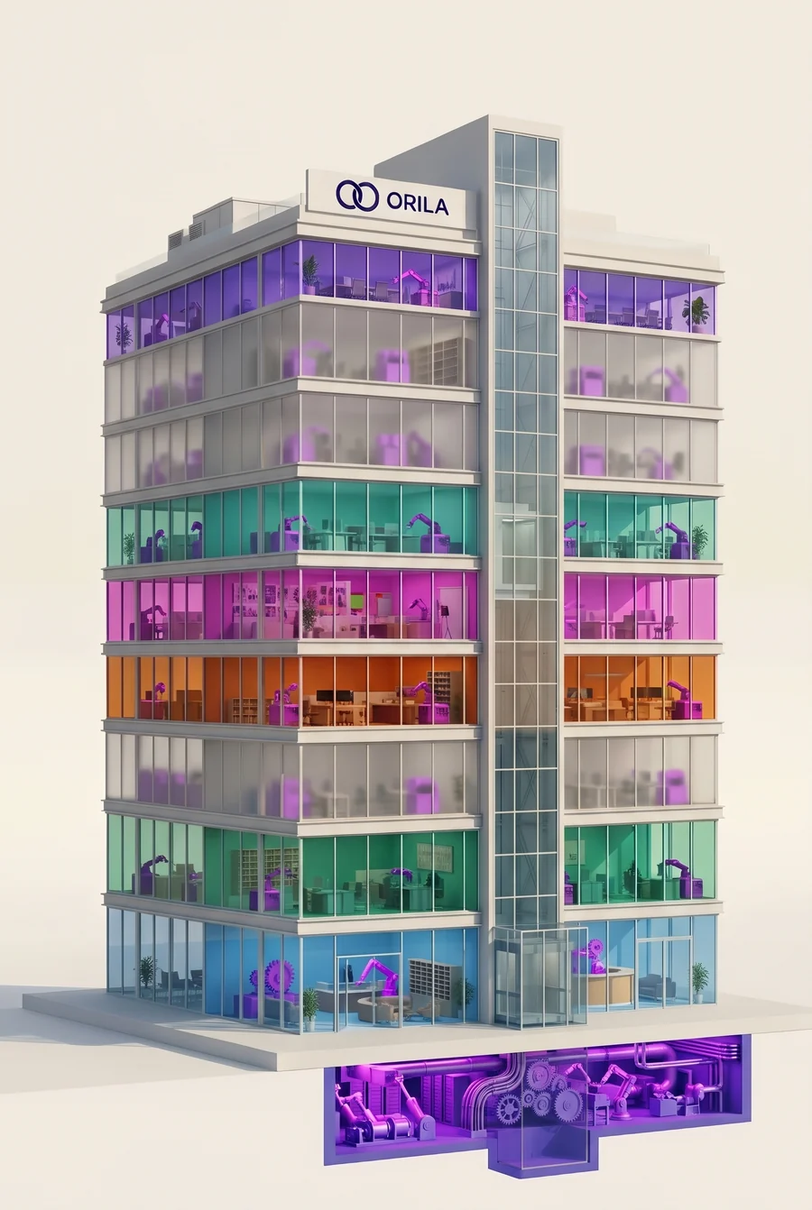 O edifício visto de fora: cada andar tem a cor do seu serviço