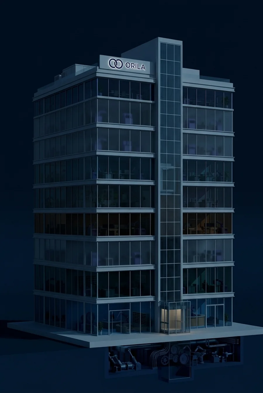 O mesmo edifício à noite, cada andar pronto a acender-se