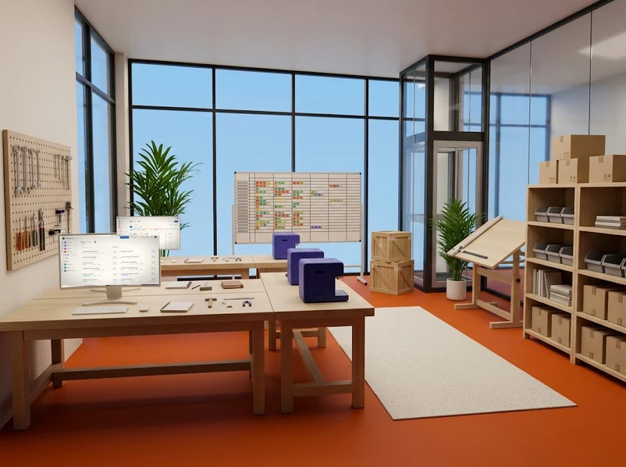 O atelier de produção: o planeamento na parede, a mesa de desenho, os projetos e as tarefas nos ecrãs