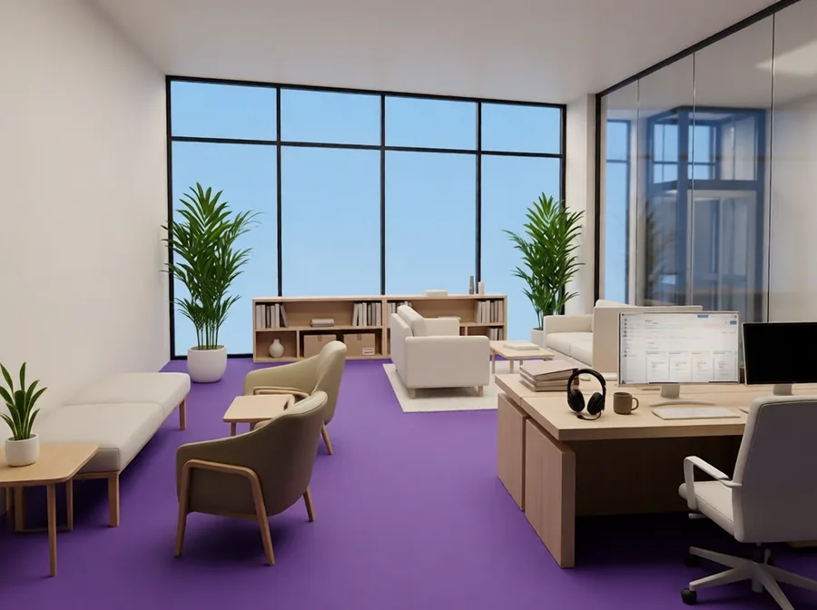 O escritório do apoio ao cliente: os auscultadores pousados na secretária, e um canto de espera com um sofá